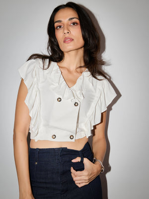 Ruffle Linen Double Breasted Top - White