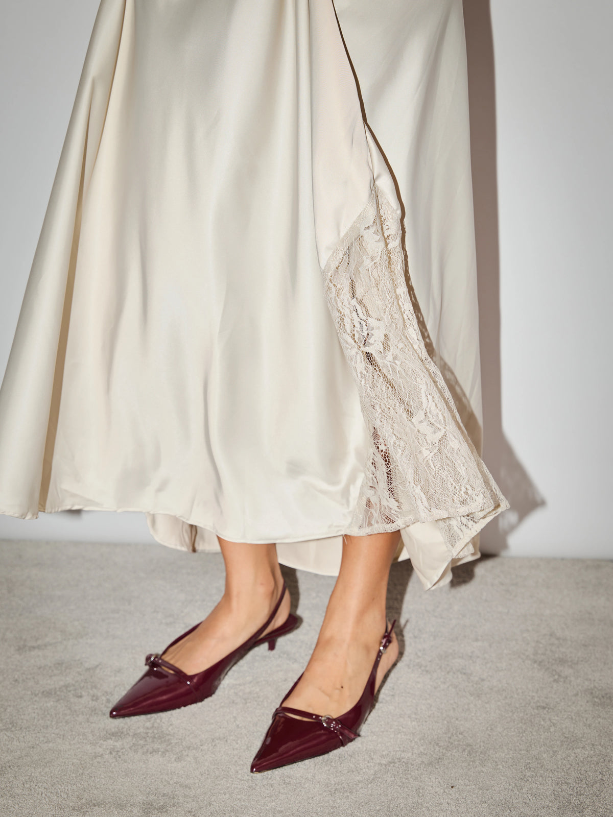 Champagne satin slip dress flow
