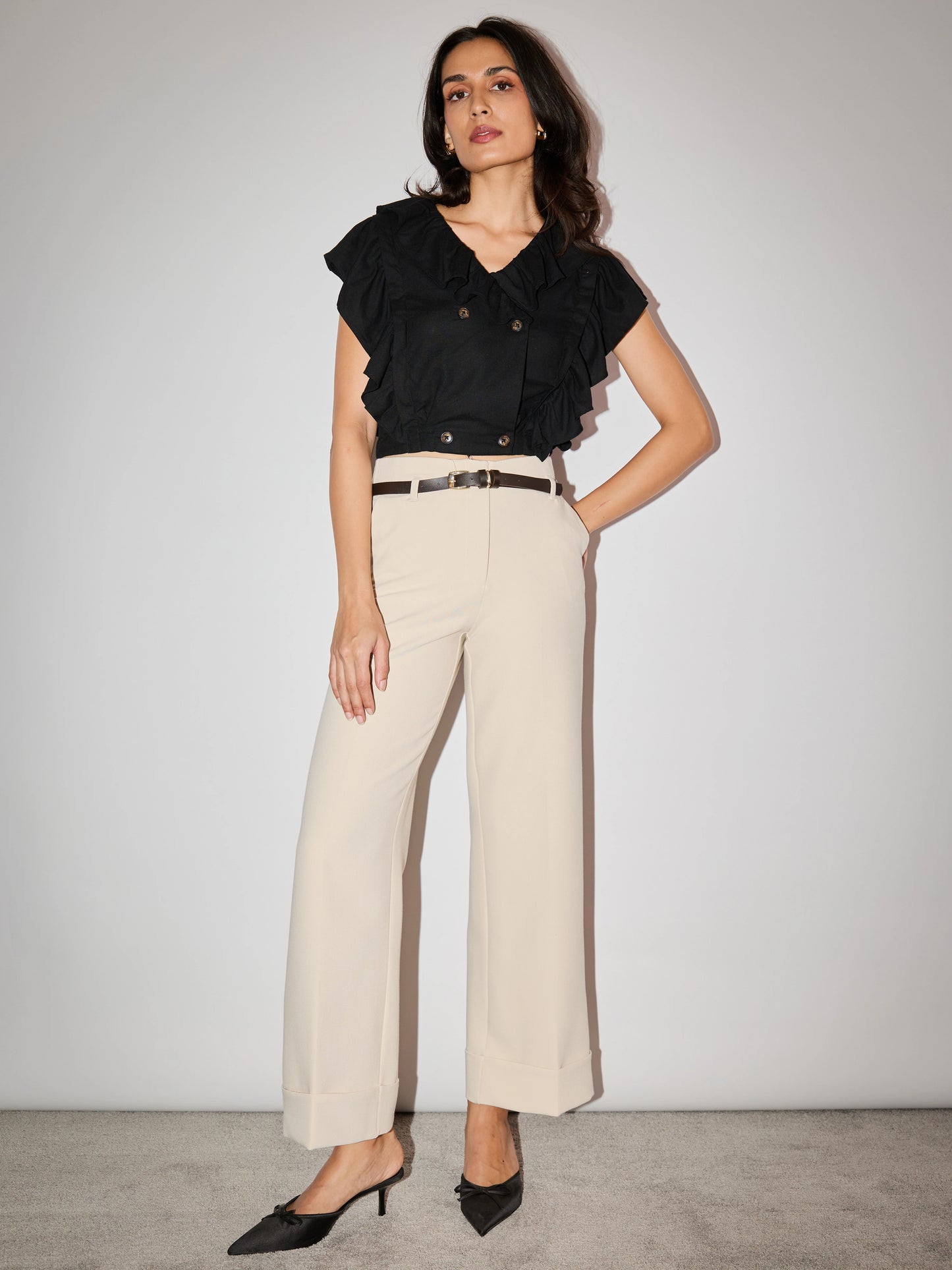 Ruffle Linen Double Breasted Top - Black