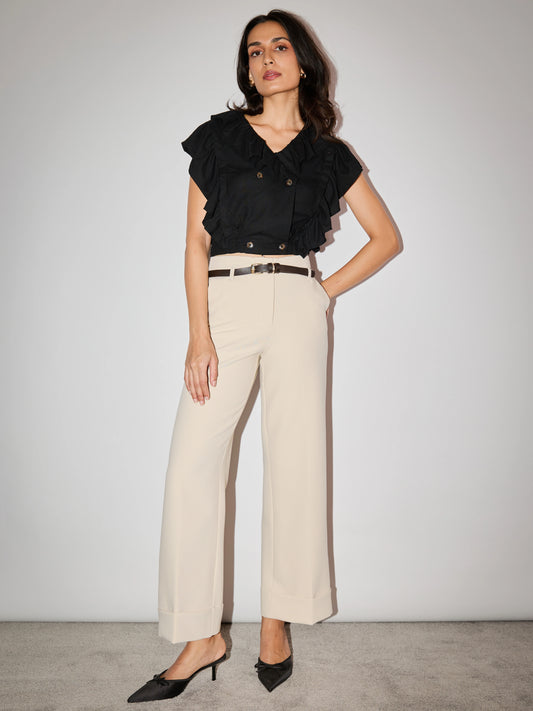 Ruffle Linen Double Breasted Top - Black