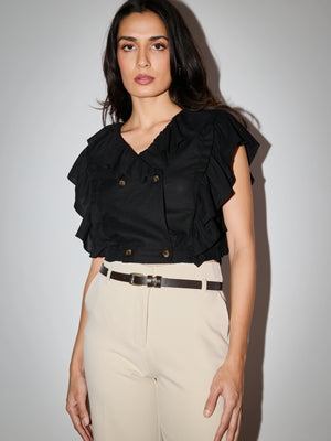 Ruffle Linen Double Breasted Top - Black