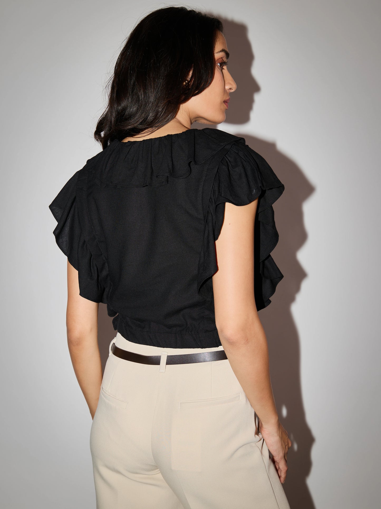Ruffle Linen Double Breasted Top - Black