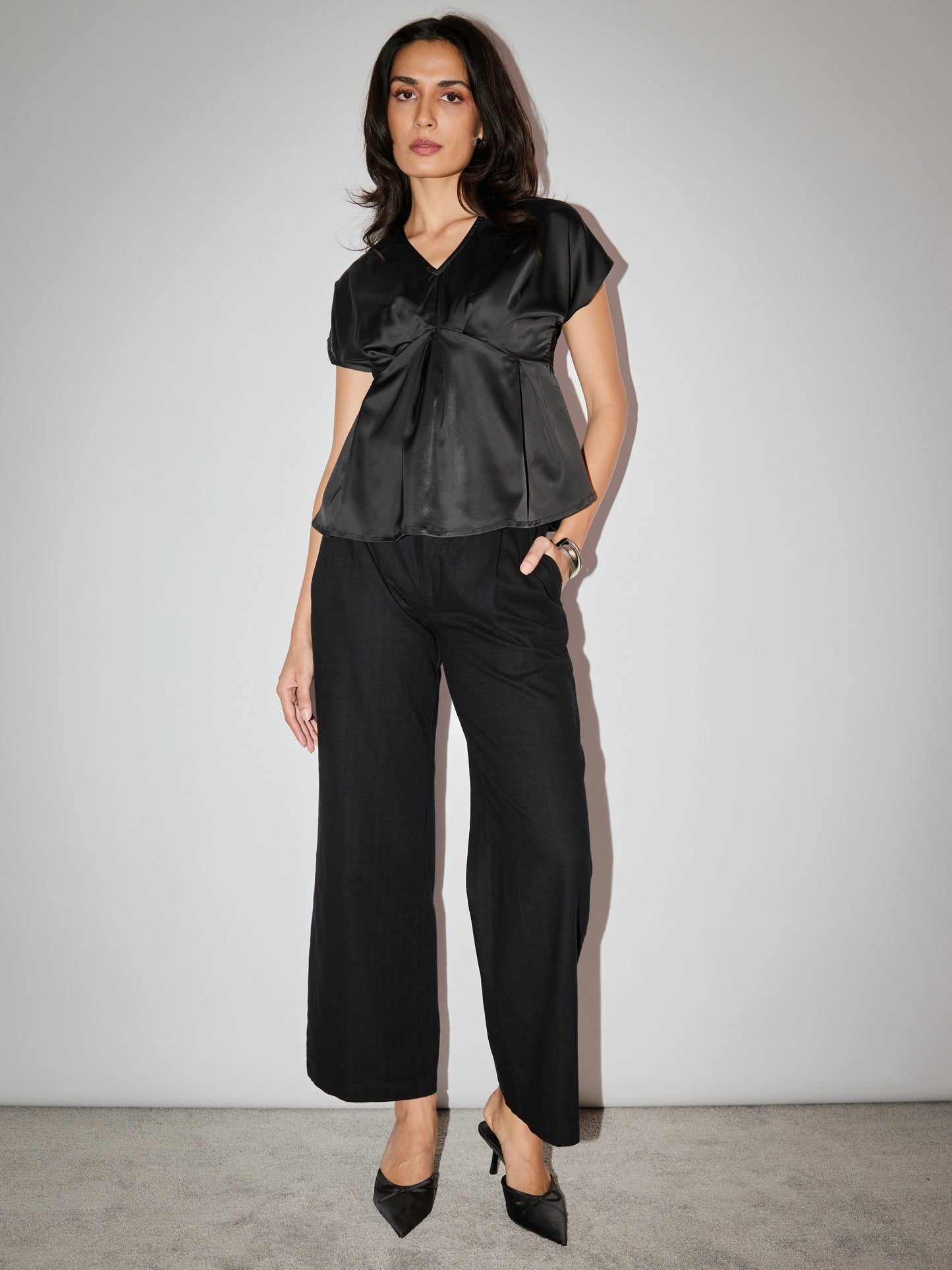 Sunrise Pleated Satin Top - Black