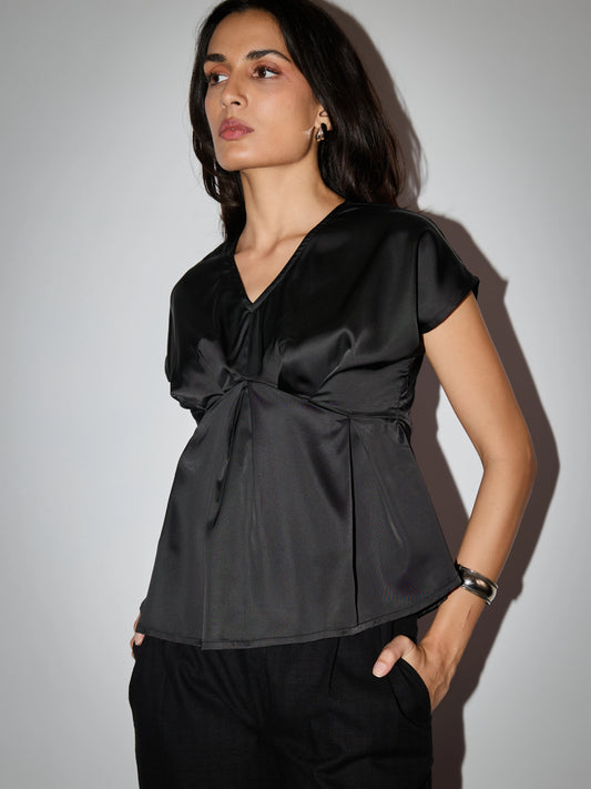 Sunrise Pleated Satin Top - Black
