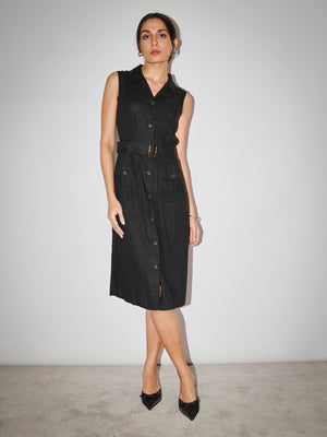 Trench Style Linen Dress - Black