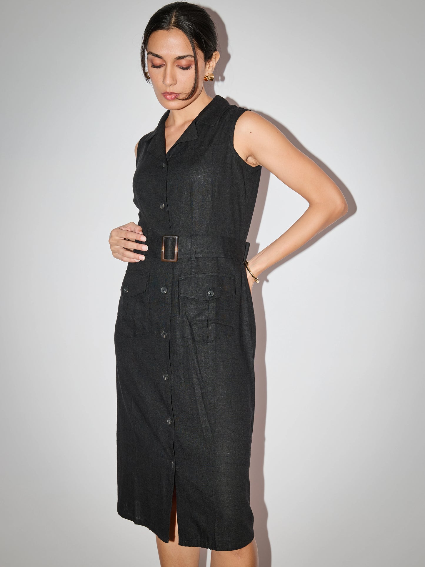 Trench Style Linen Dress - Black