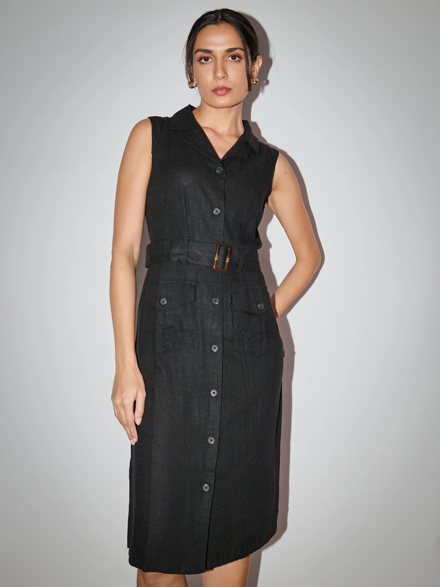 Trench Style Linen Dress - Black
