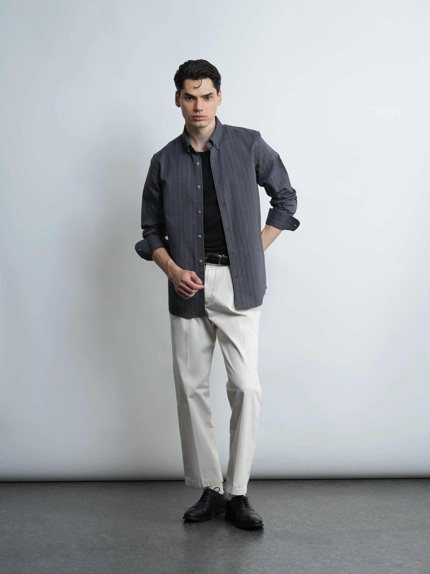 Grey Pinstripe Cotton Oxford Shirt - Slim Fit