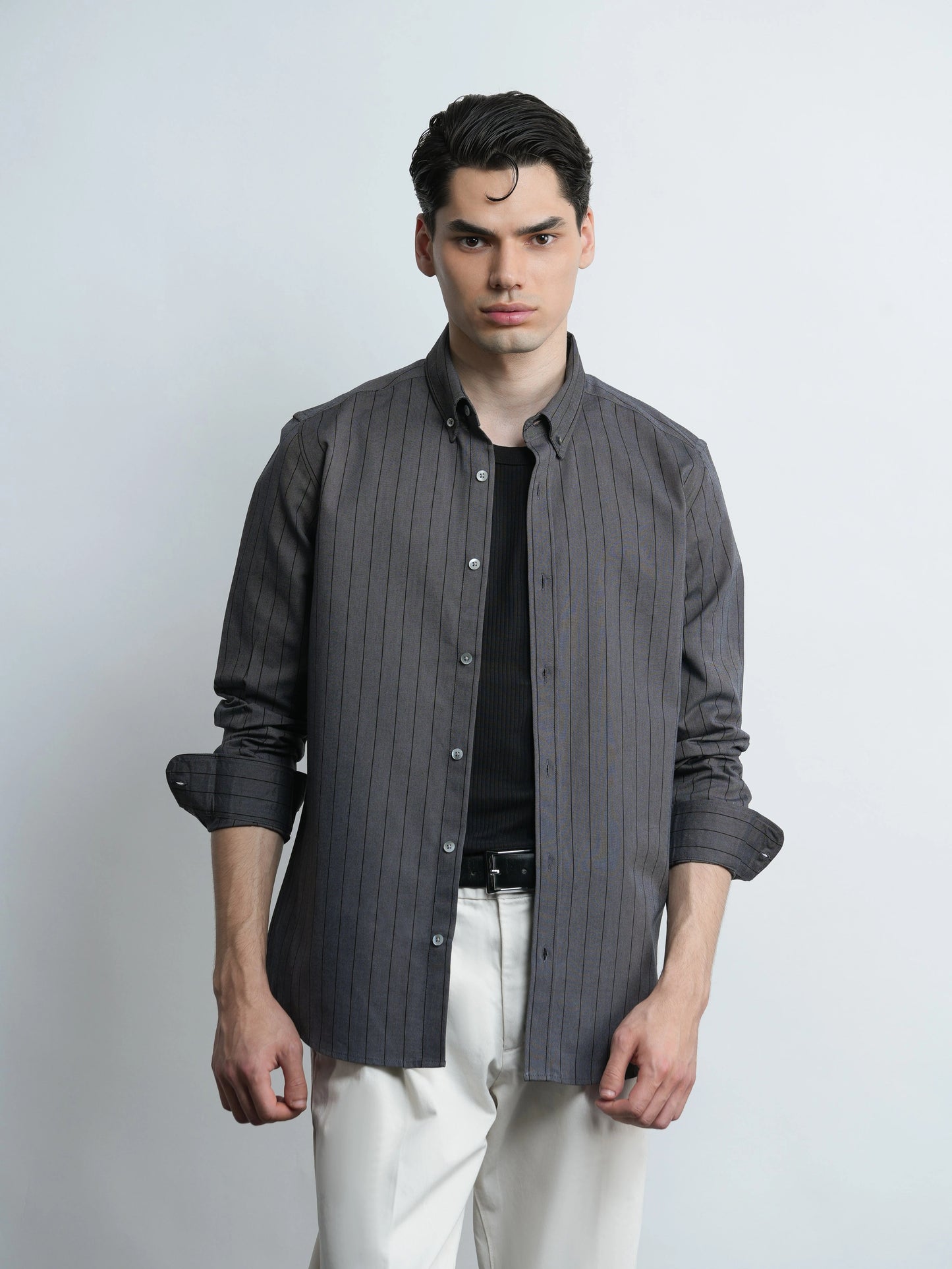 Grey Pinstripe Cotton Oxford Shirt - Slim Fit