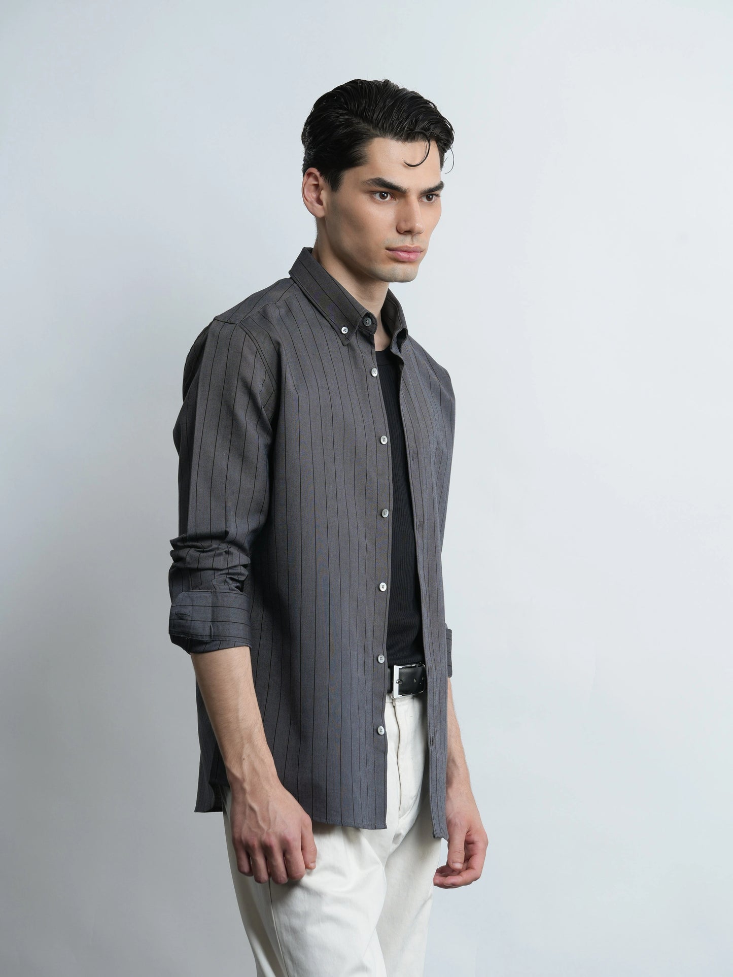 Grey Pinstripe Cotton Oxford Shirt - Slim Fit