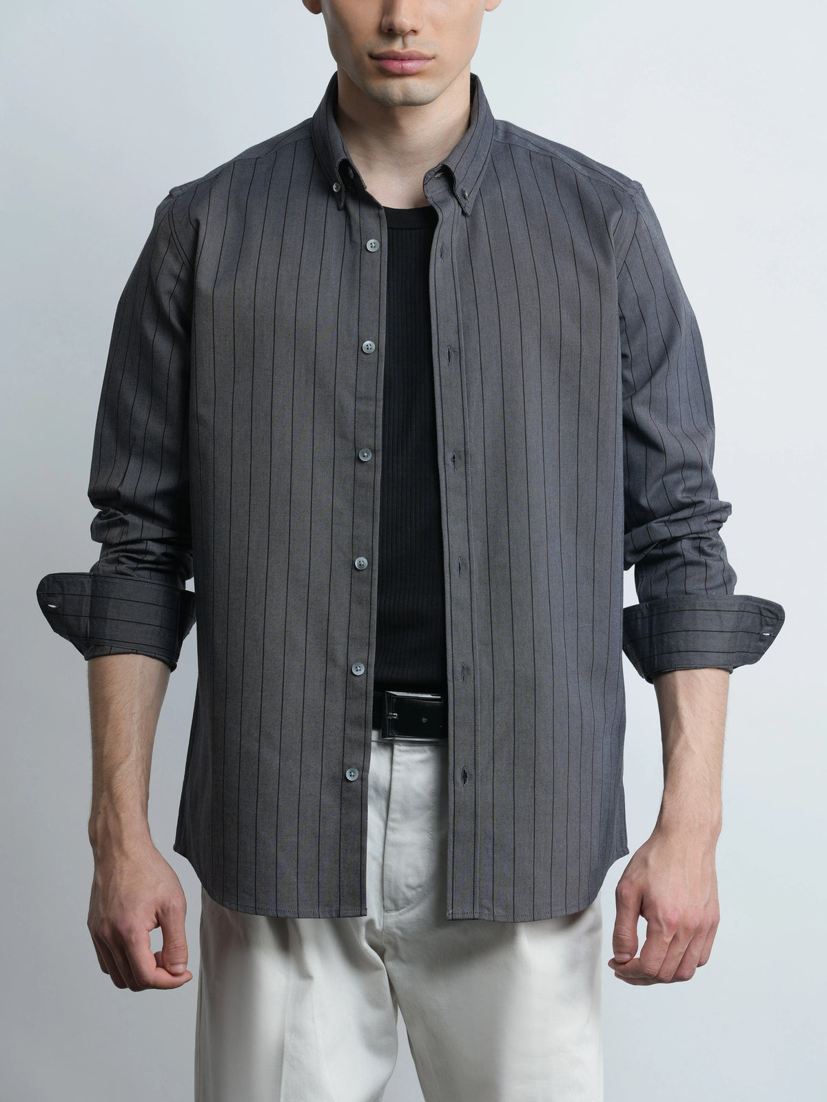 Grey Pinstripe Cotton Oxford Shirt - Slim Fit