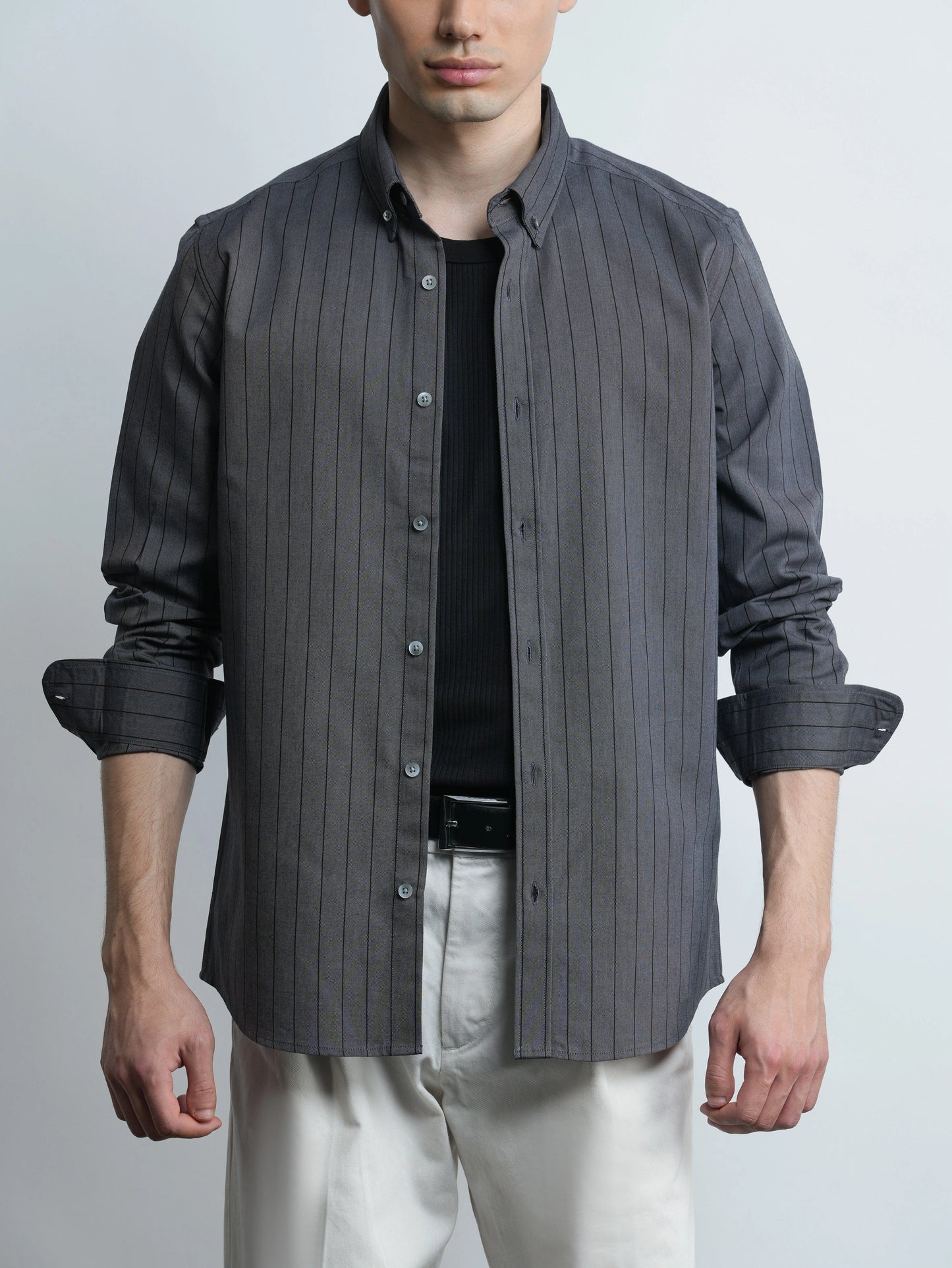 Grey Pinstripe Cotton Oxford Shirt - Slim Fit