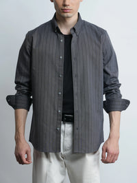 Grey Pinstripe Cotton Oxford Shirt - Slim Fit