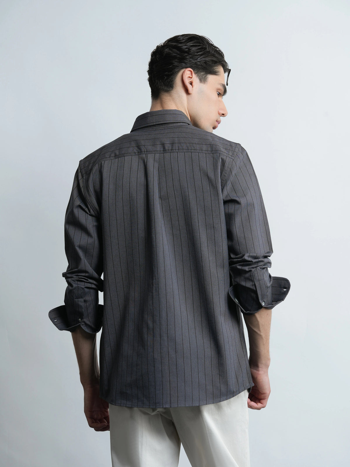 Grey Pinstripe Cotton Oxford Shirt - Slim Fit