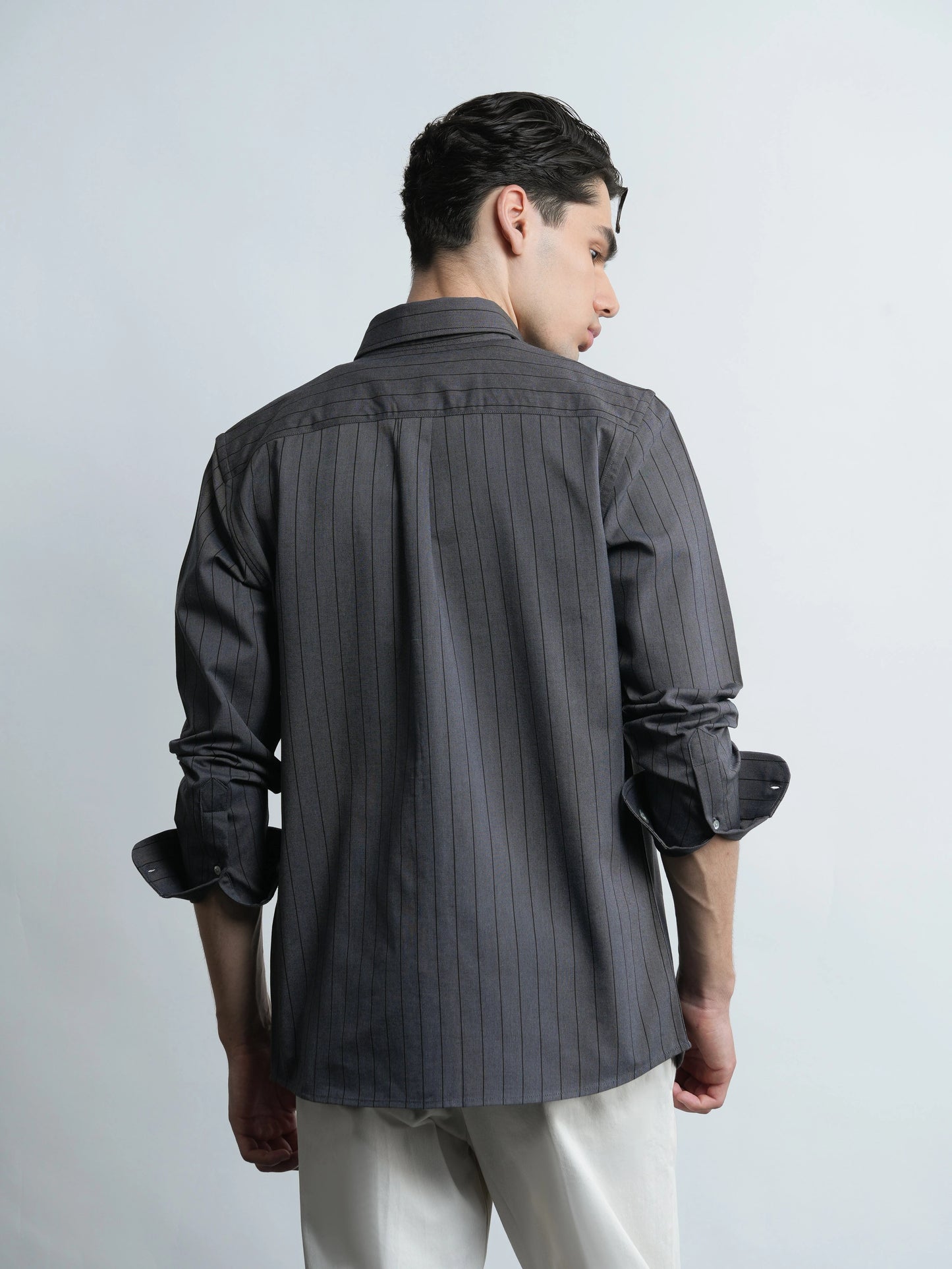Grey Pinstripe Cotton Oxford Shirt - Slim Fit