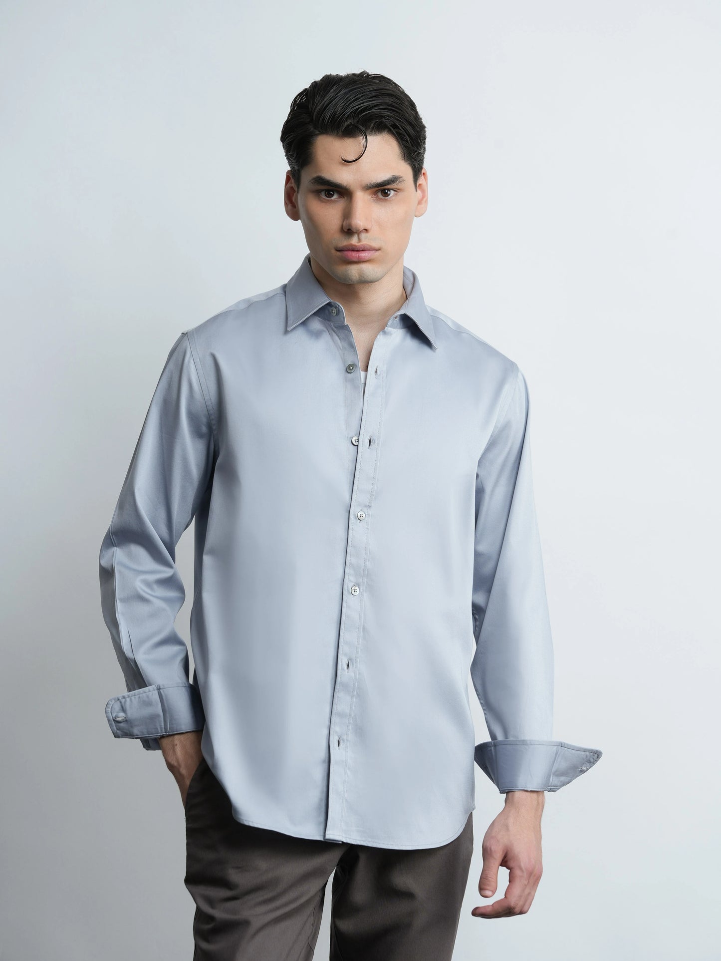 Moonlight Grey - Cotton Satin Regular Fit Shirt