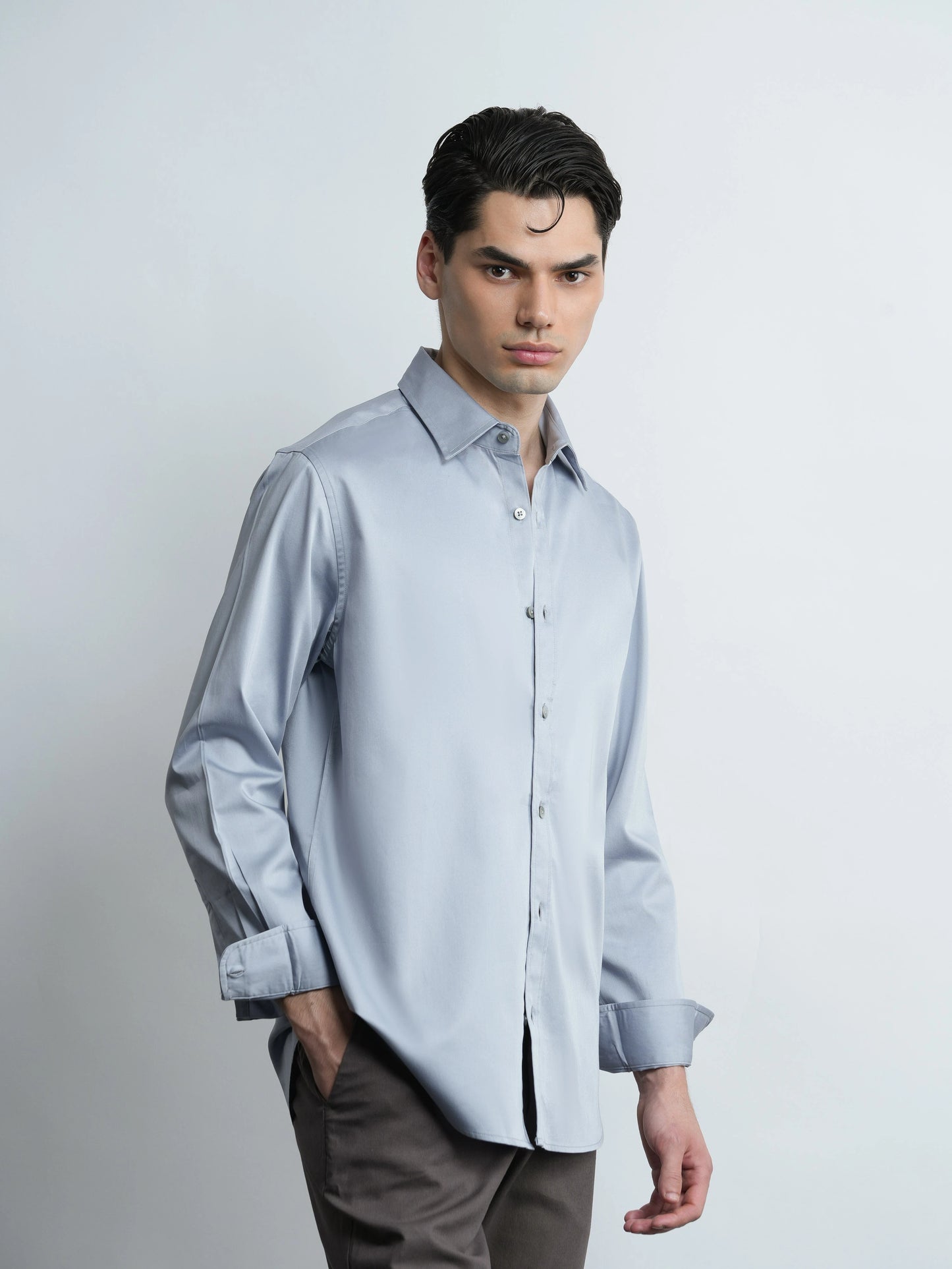 Moonlight Grey - Cotton Satin Regular Fit Shirt