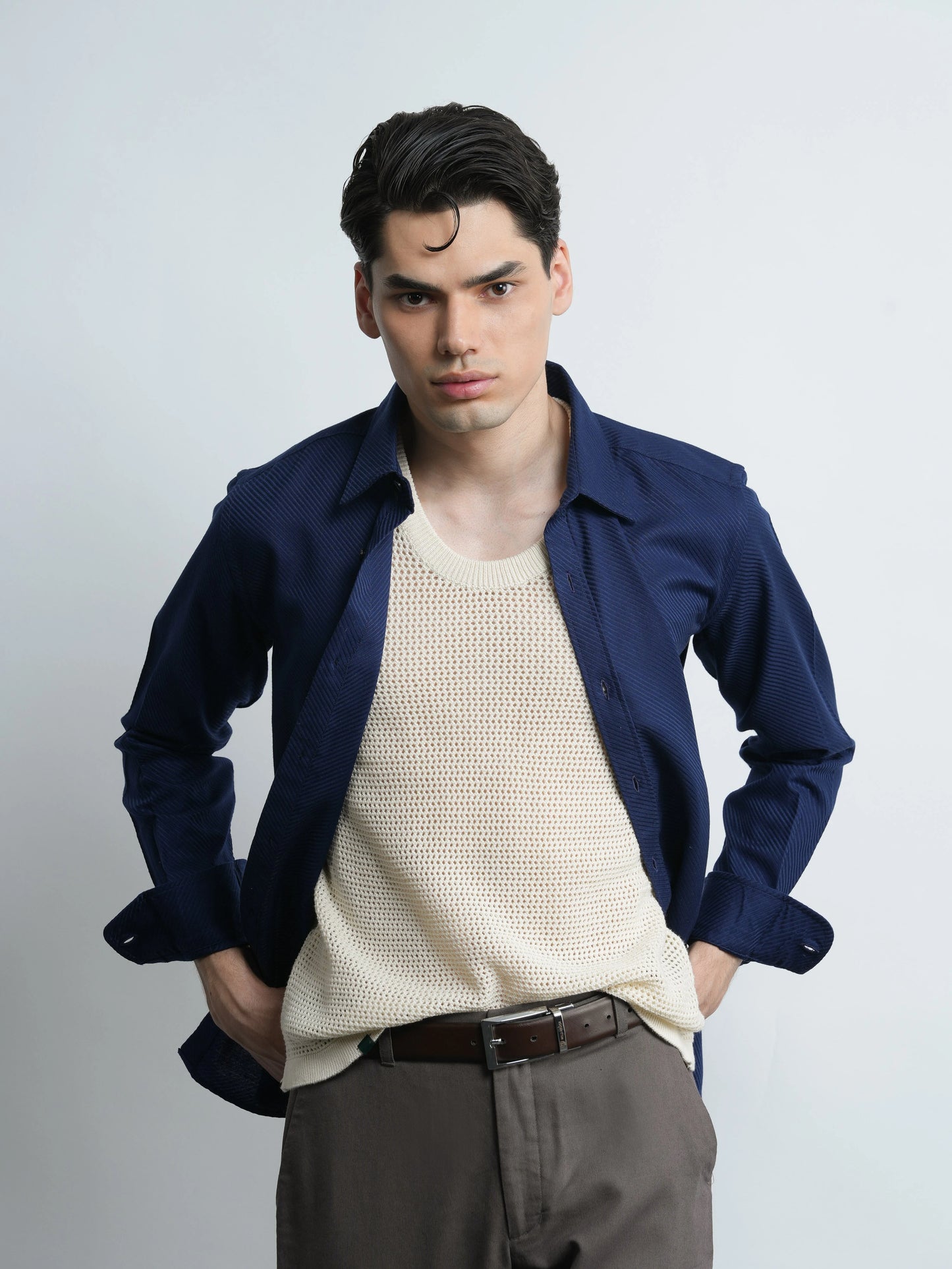 Montclair - Navy Cotton Slim Fit Shirt