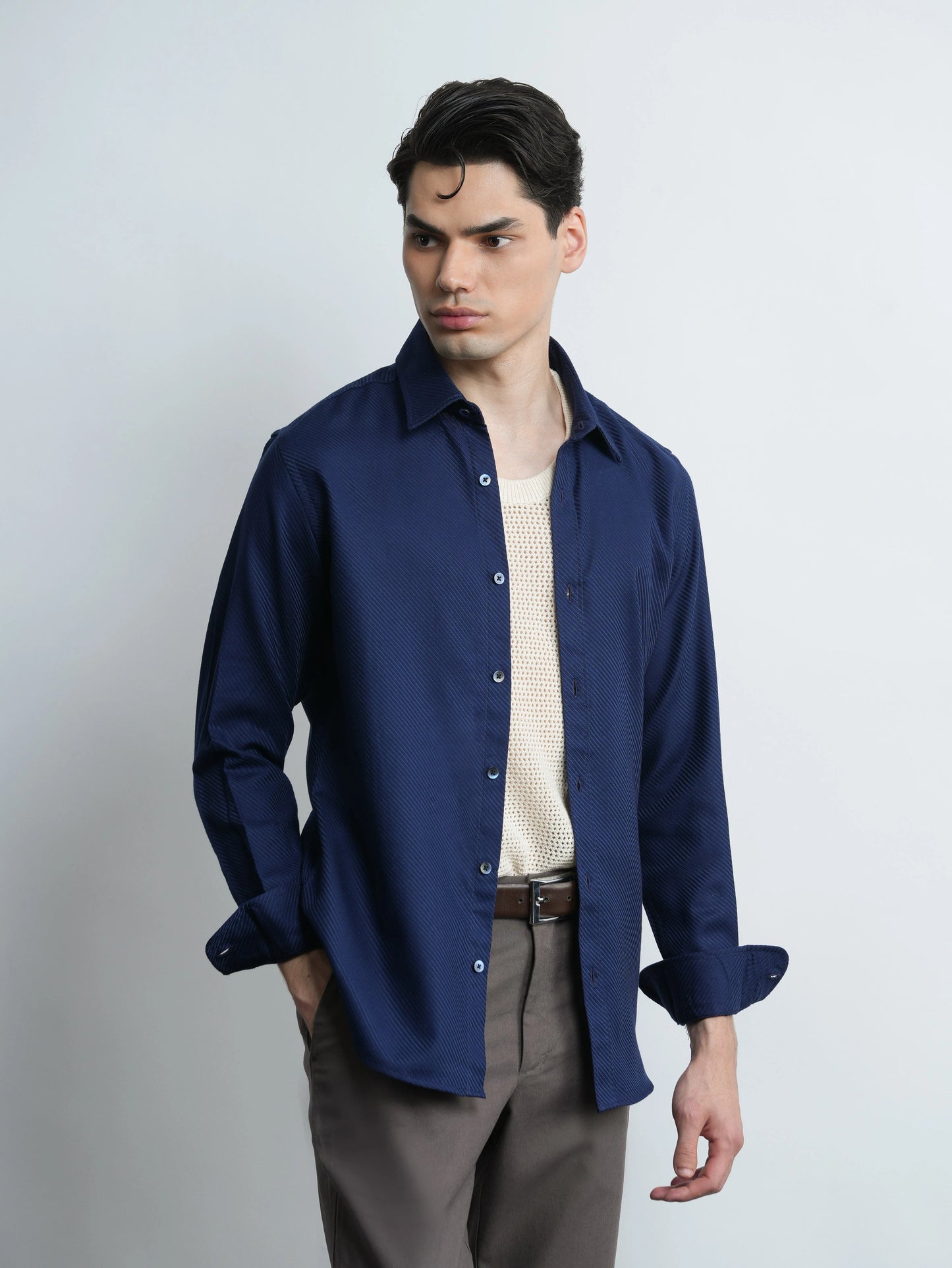 Montclair - Navy Cotton Slim Fit Shirt