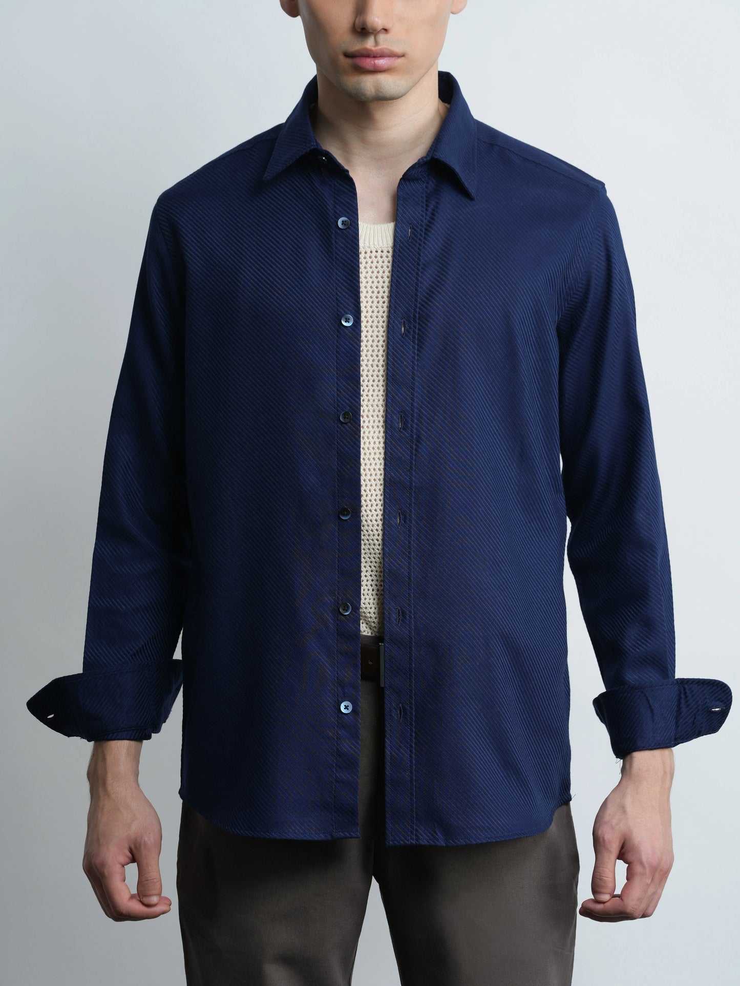 Montclair - Navy Cotton Slim Fit Shirt