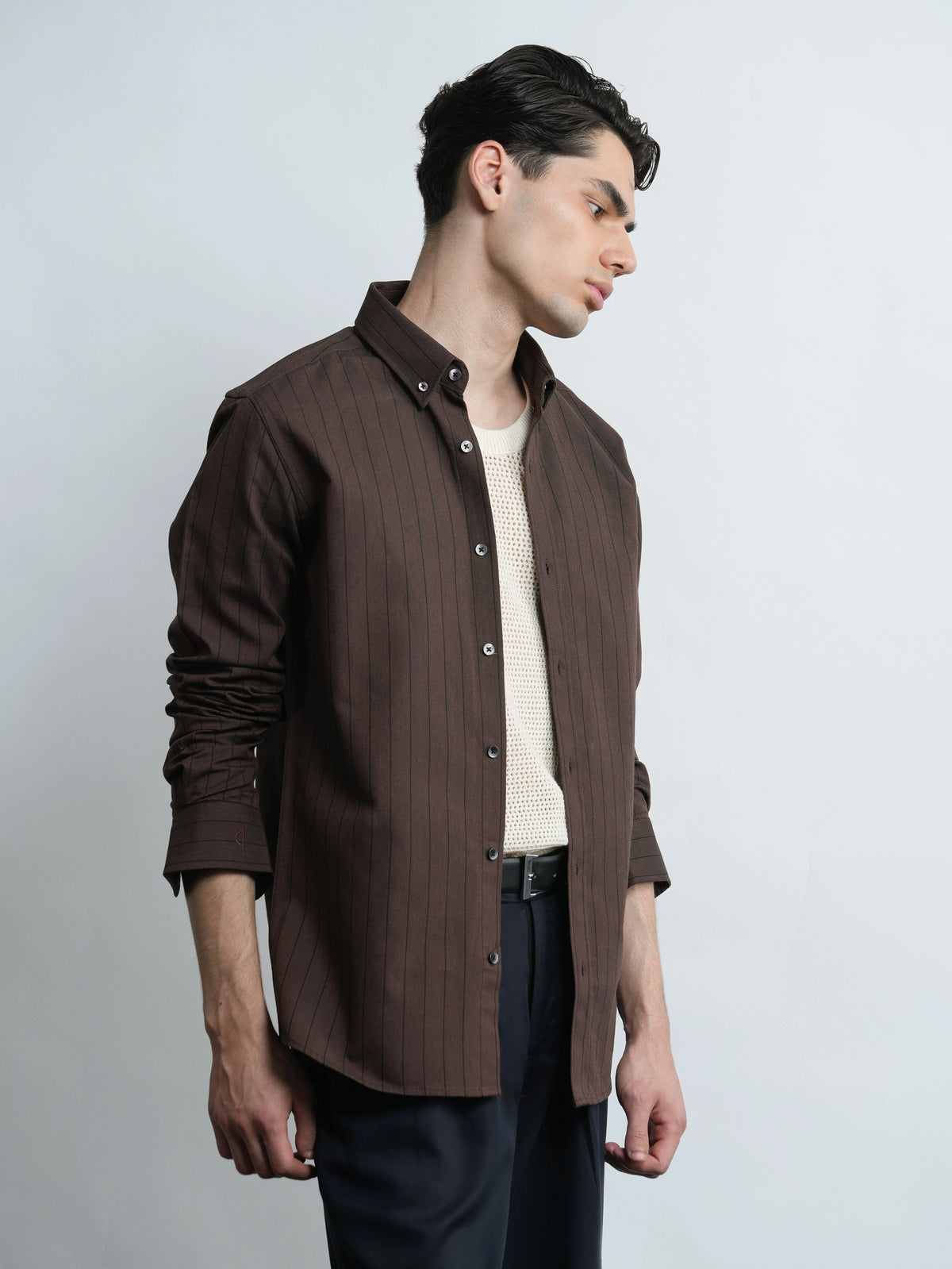 Cotton Oxford Brown - Pinstripe Cotton Slim Fit Shirt