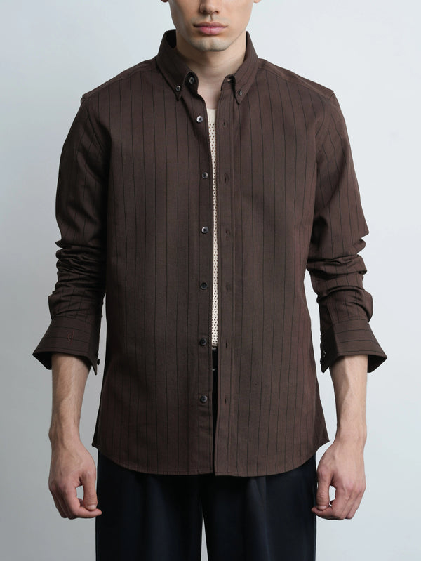 Cotton Oxford Brown - Pinstripe Cotton Slim Fit Shirt