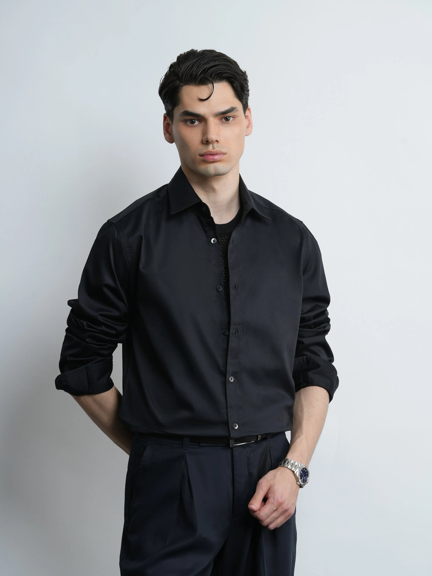 Black Satin - Regular Fit Cotton Shirt