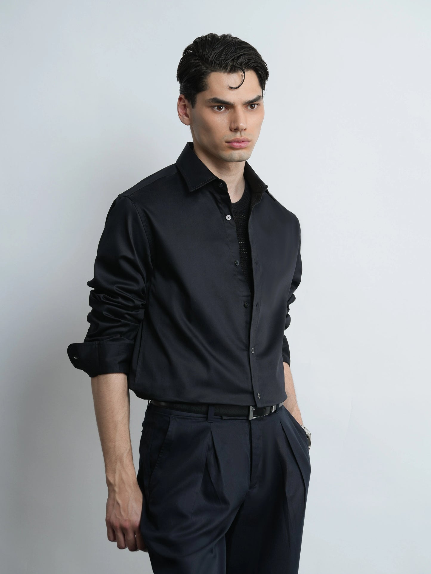 Black Satin - Regular Fit Cotton Shirt