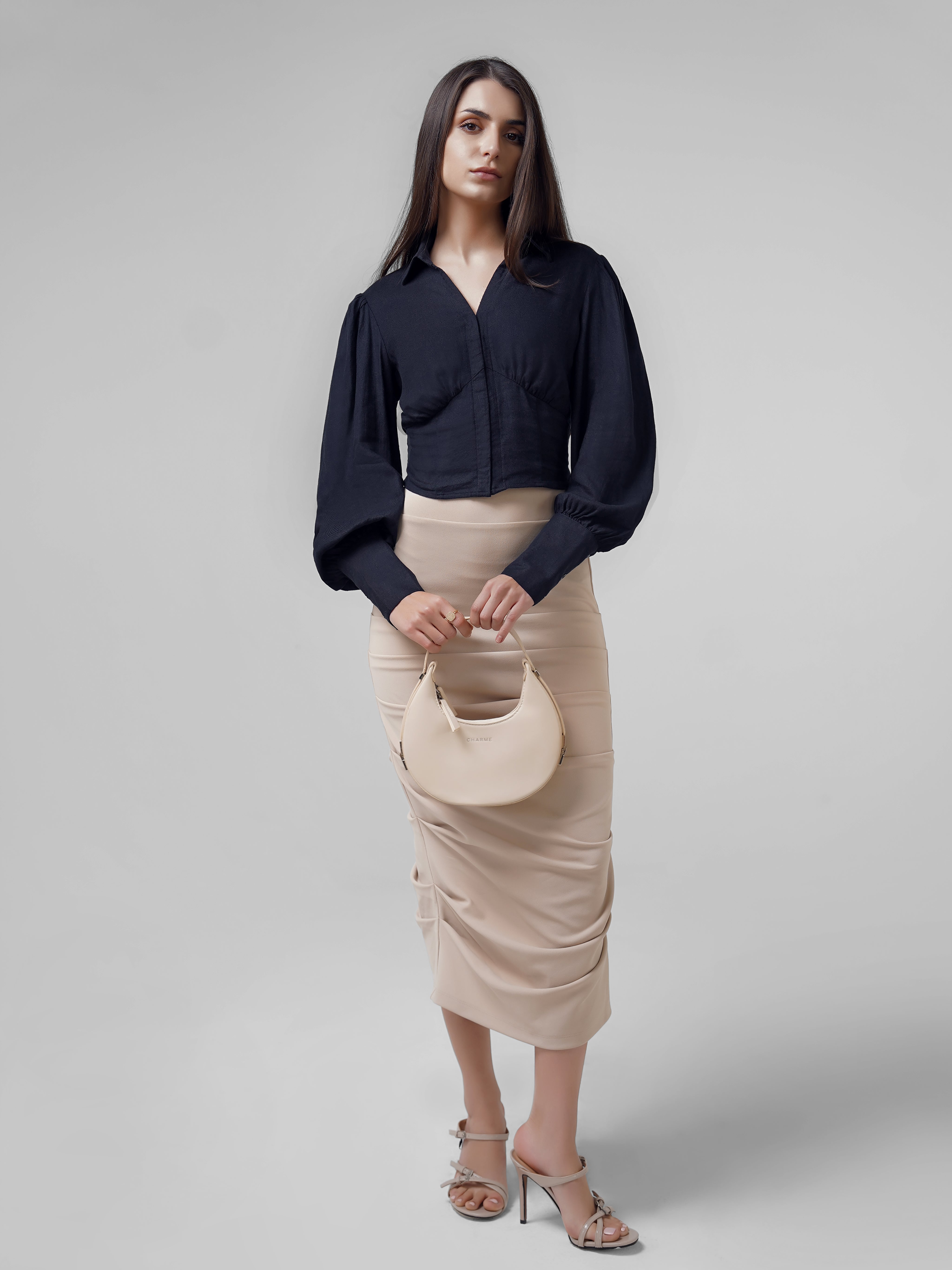 linen crop top with smocked waist - navy
