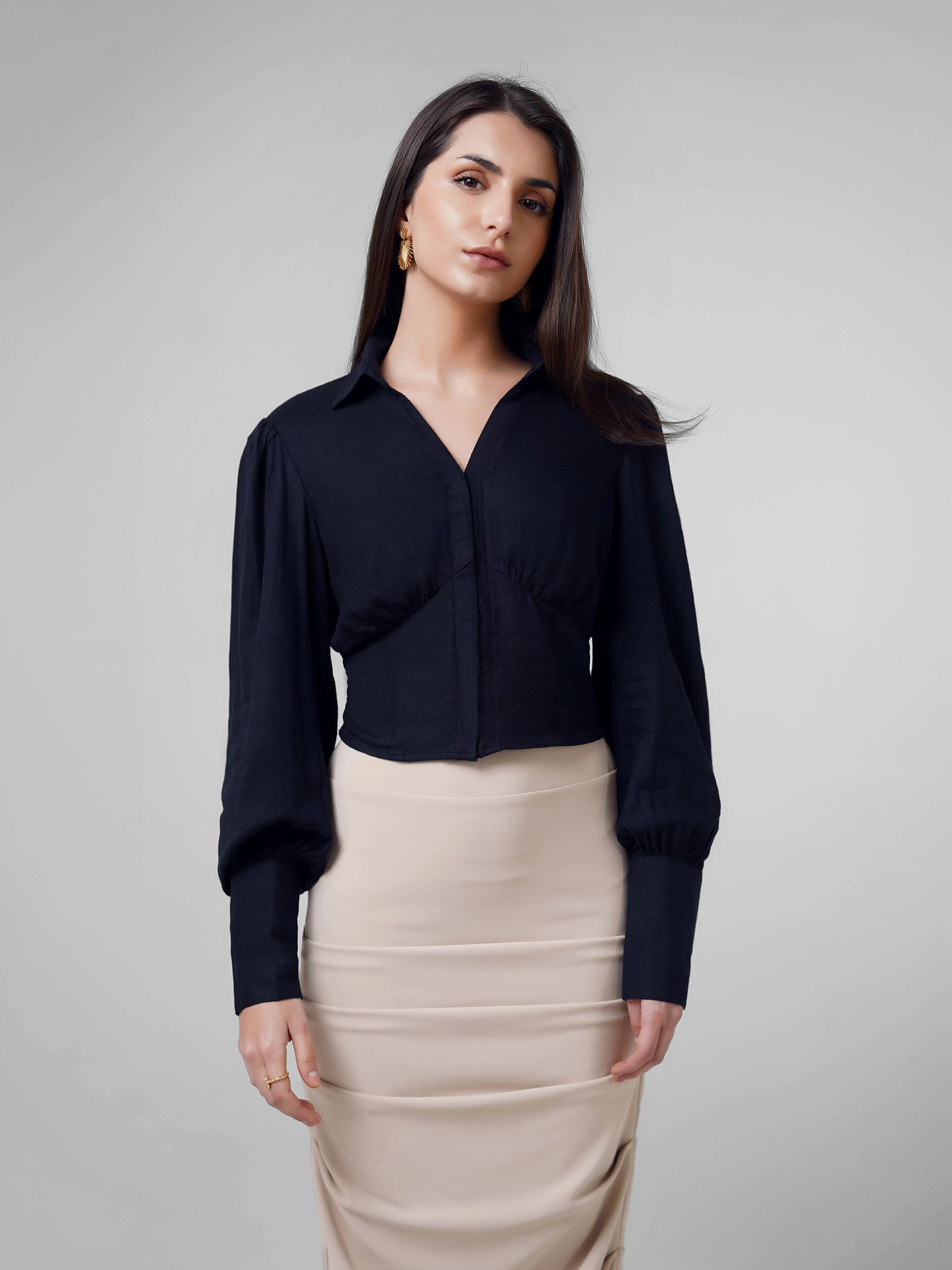Linen Top with Elastic Waist - Navy