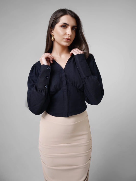 Linen Crop Top with Smocked Waist - Navy