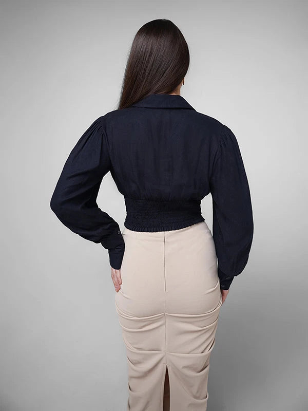 Linen Top with Elastic Waist - Navy
