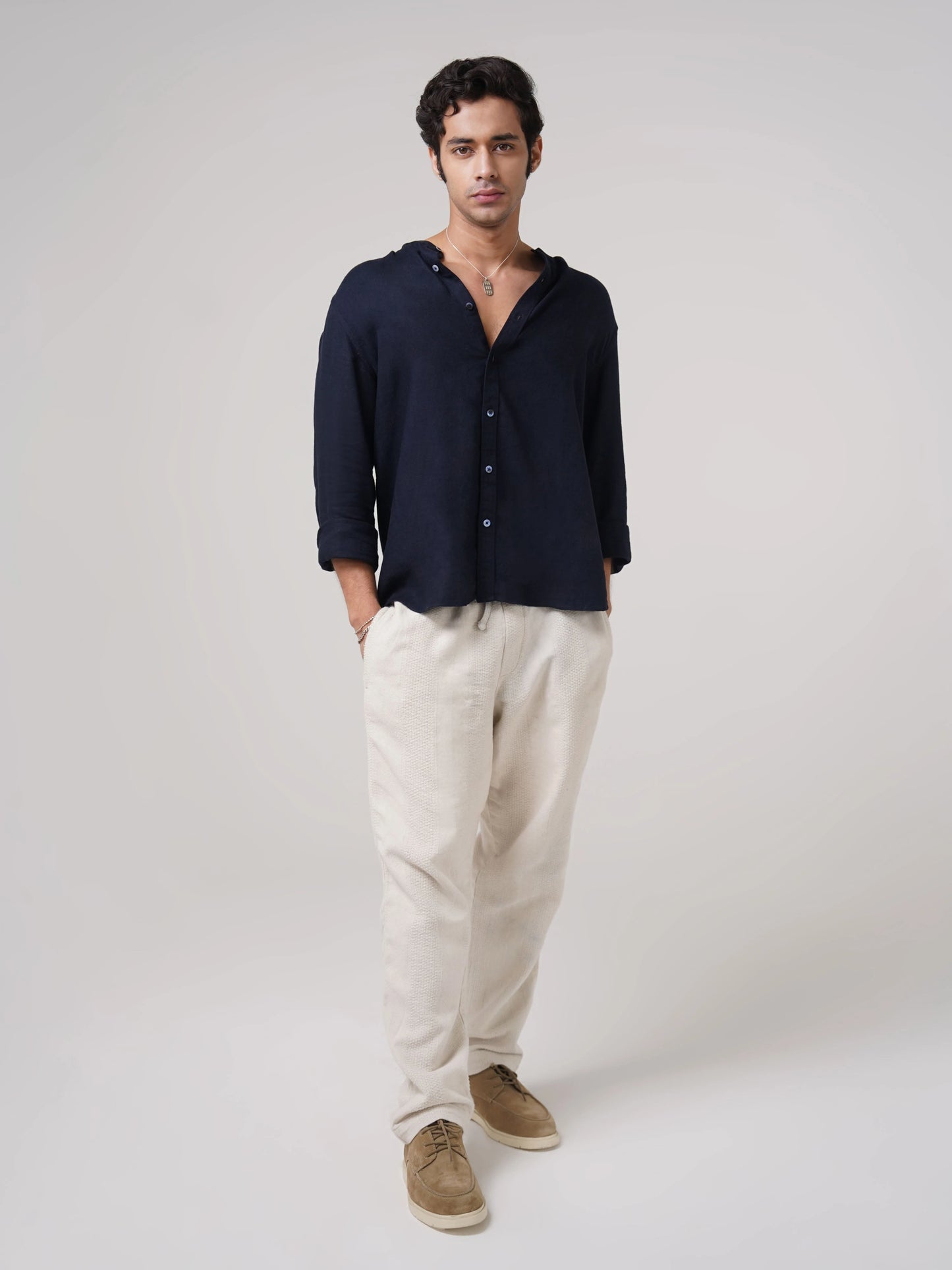 Mandarin Linen  -Navy Regular Fit Shirt