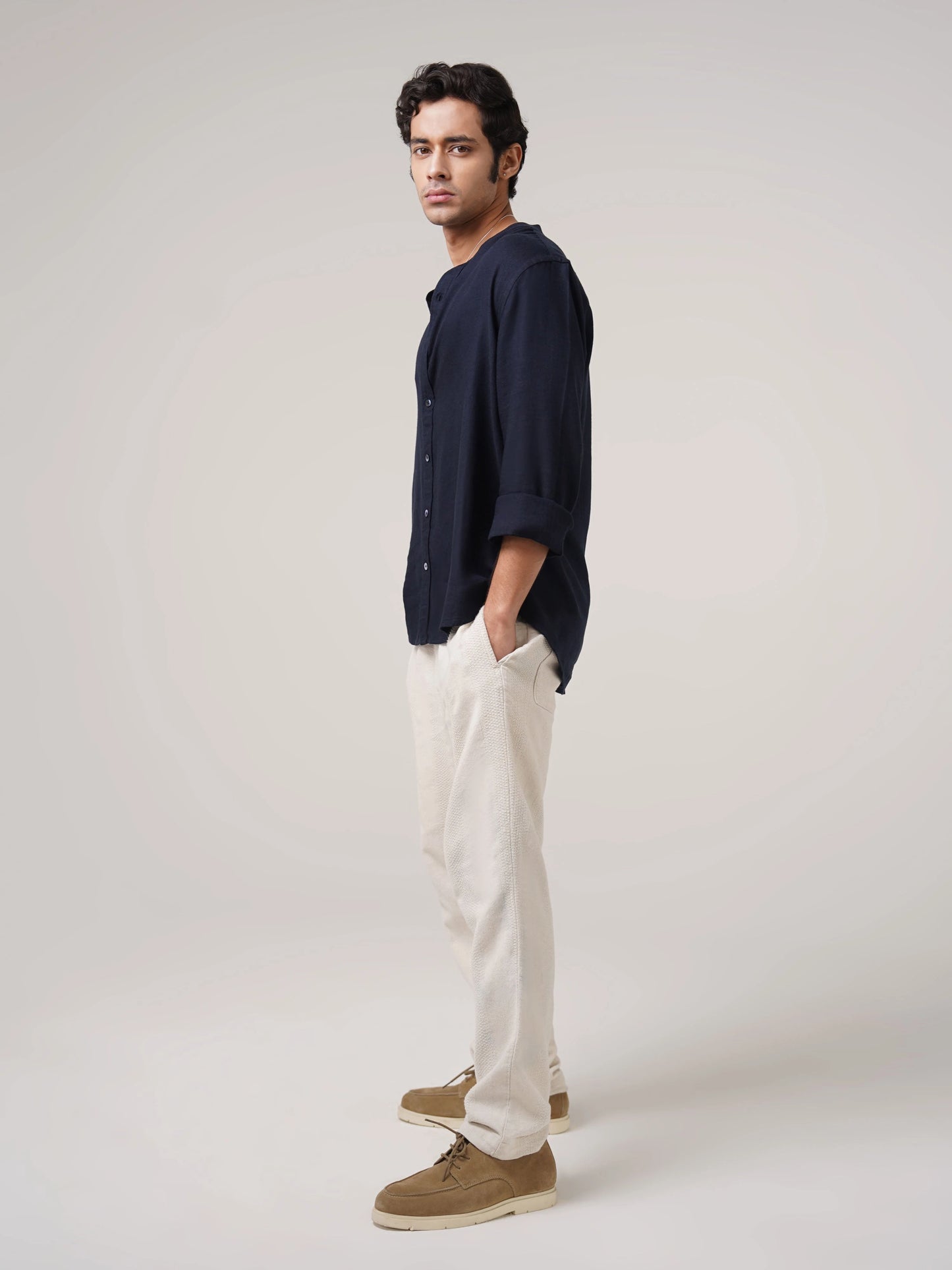 Mandarin Linen  -Navy Regular Fit Shirt