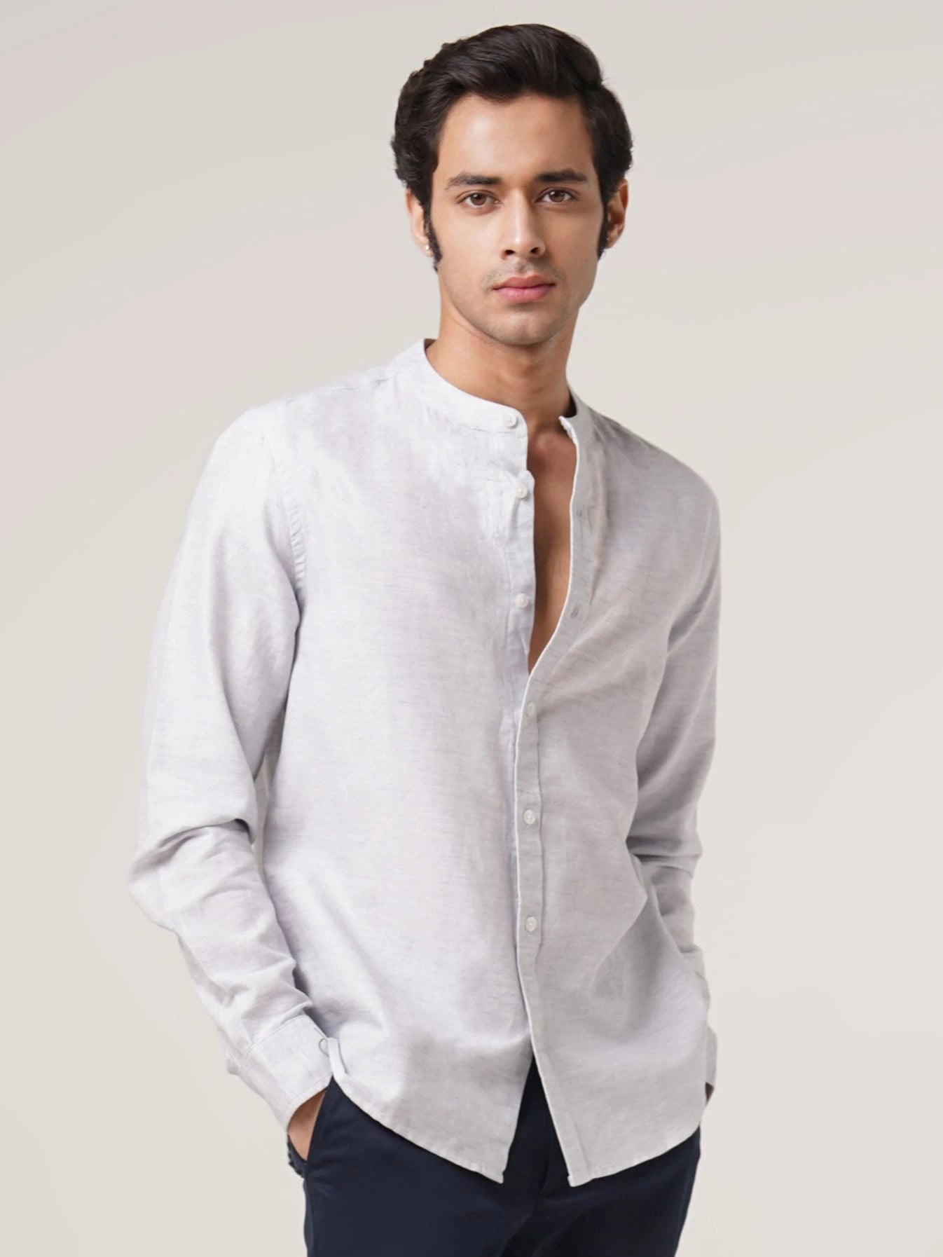 Mandarin Linen  - Textured Grey Regular Fit Shirt