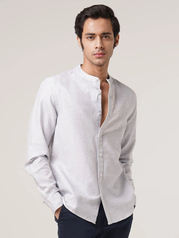 Mandarin Linen  - Textured Grey Regular Fit Shirt
