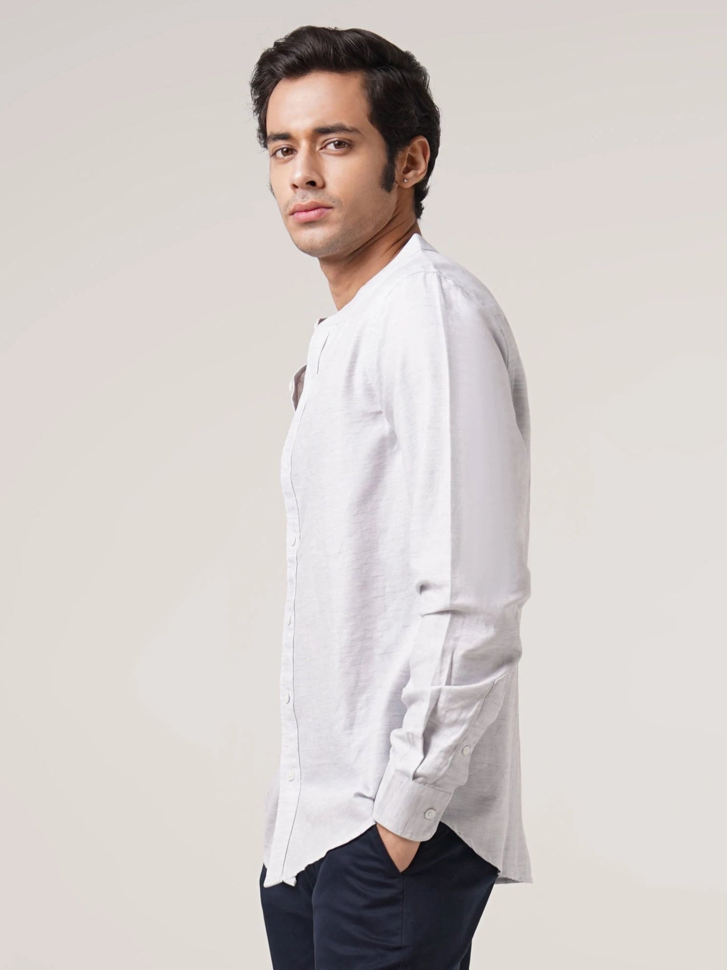 Mandarin Linen  - Textured Grey Regular Fit Shirt