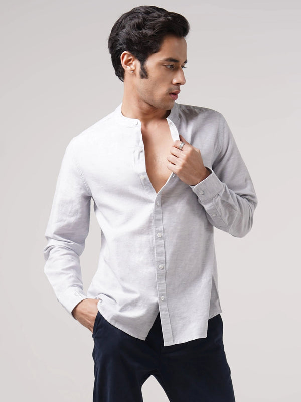 Mandarin Linen  - Textured Grey Regular Fit Shirt
