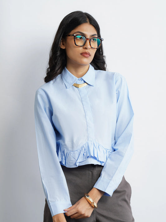 Ruffle Cotton Crop Shirt - Sky Blue