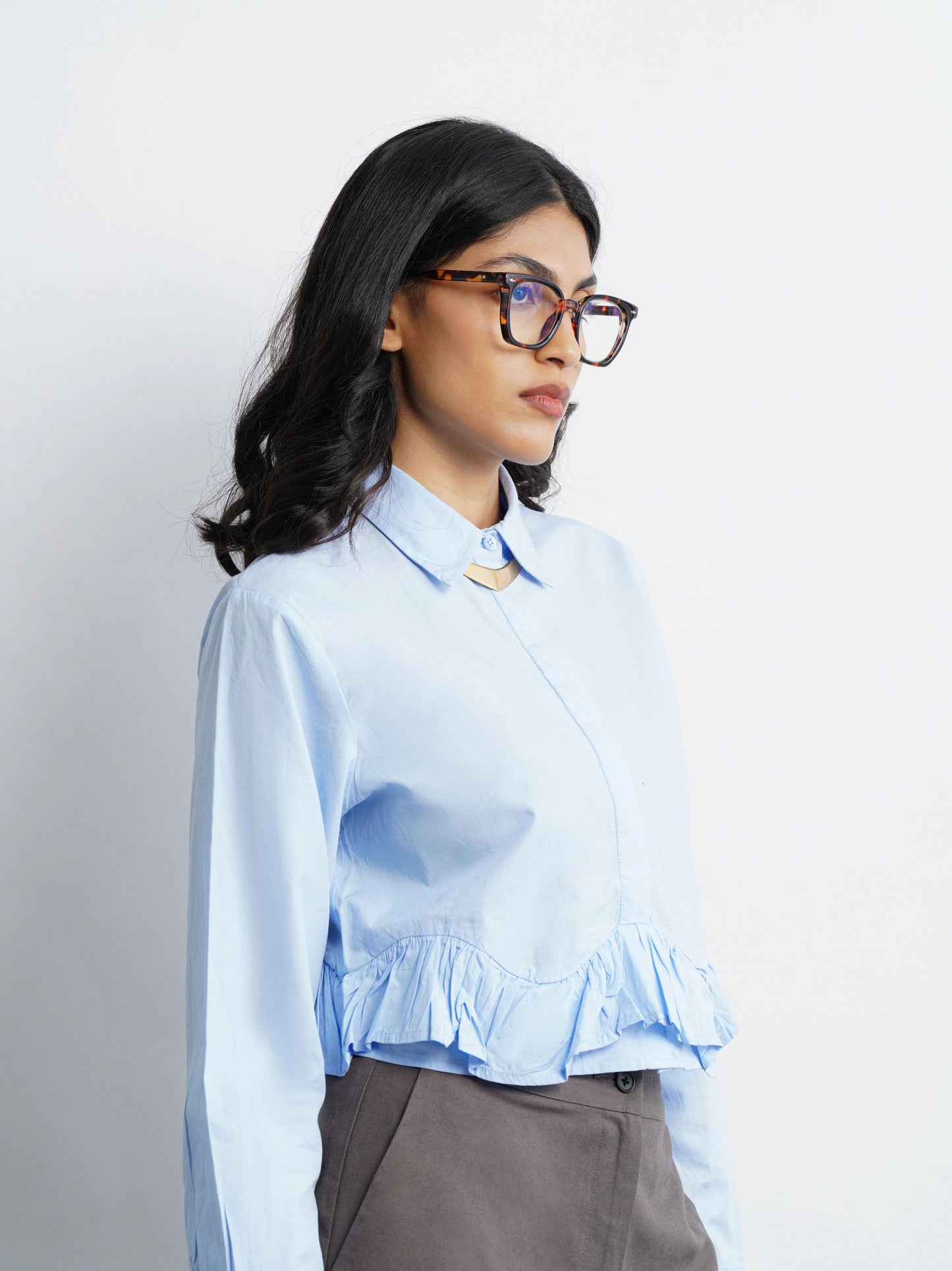 Ruffle Cotton Shirt - Sky Blue
