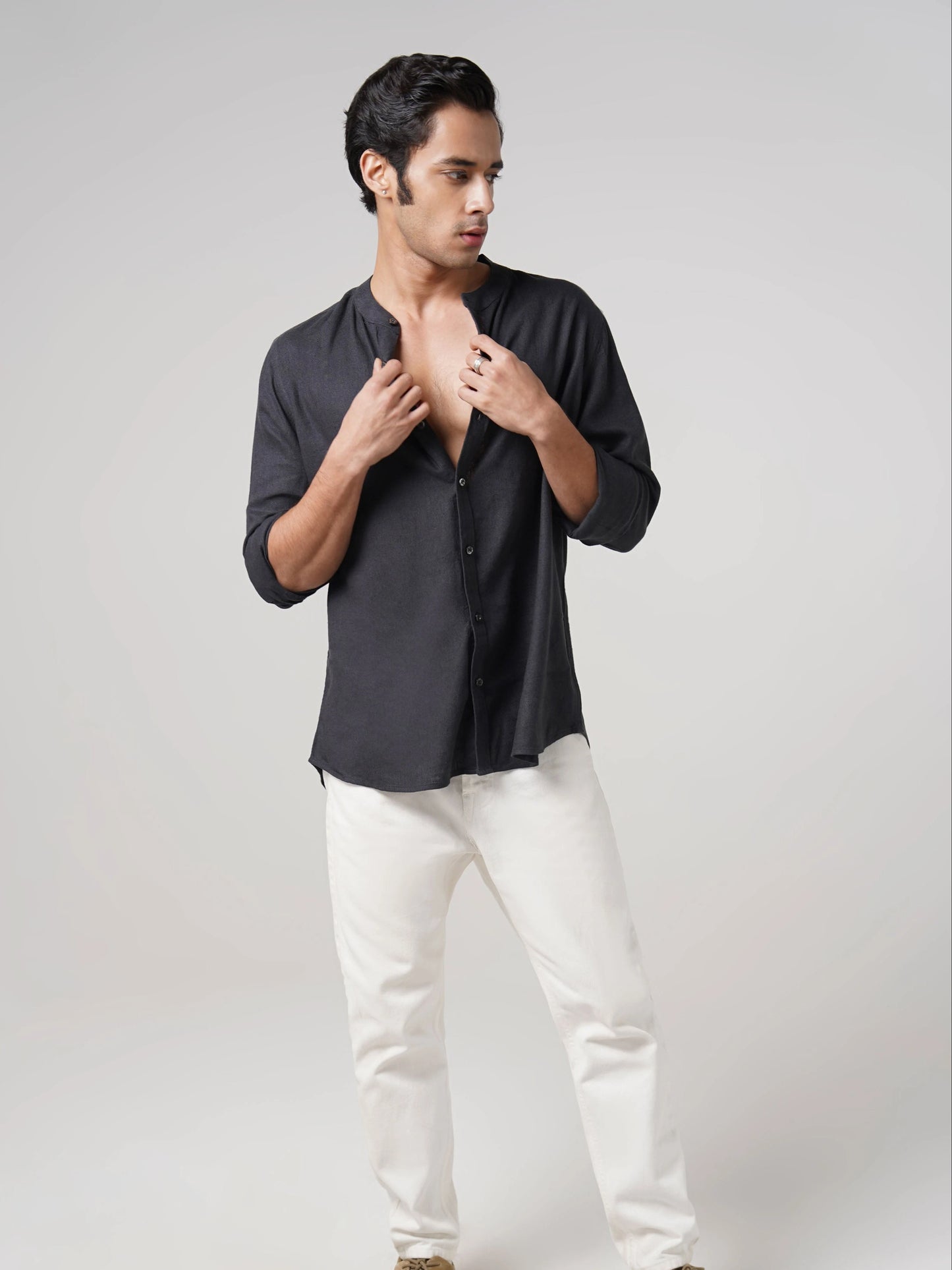 Mandarin Linen  - Charcoal Grey Regular Fit Shirt