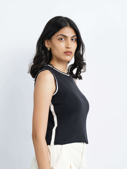 elevated tank top with piping - navy