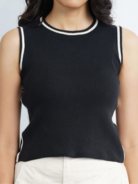 Elevated Tank Top with Piping - Black