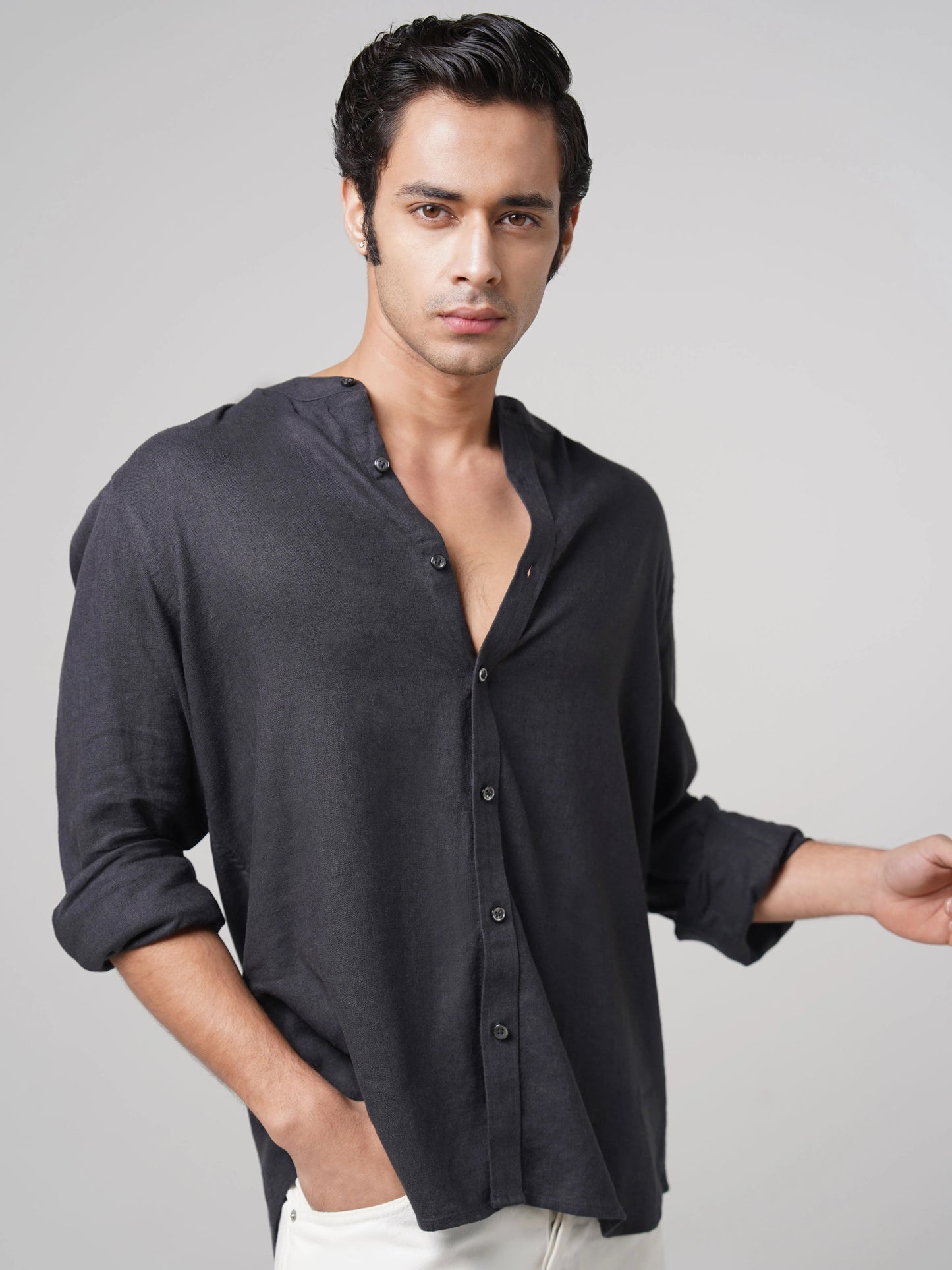 Mandarin Linen  - Charcoal Grey Regular Fit Shirt
