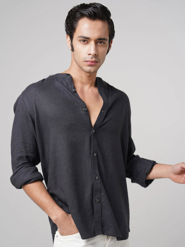 Mandarin Linen  - Charcoal Grey Regular Fit Shirt