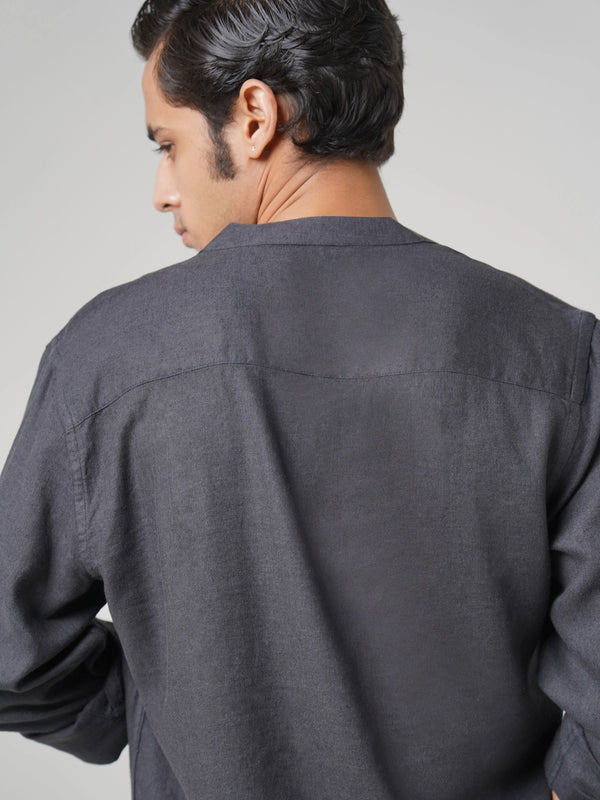 Mandarin Linen  - Charcoal Grey Regular Fit Shirt
