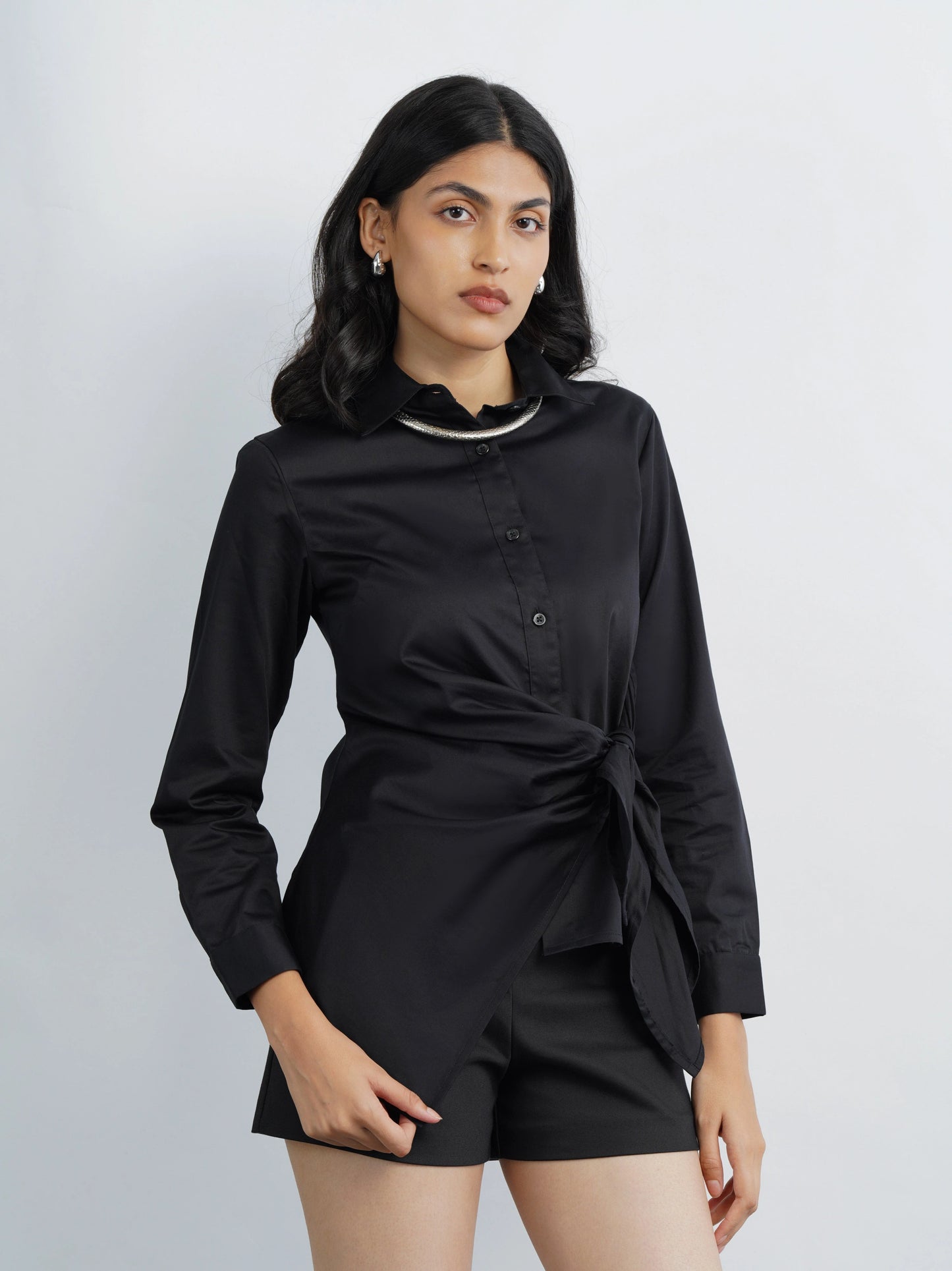 Satin Tie Up Shirt Black