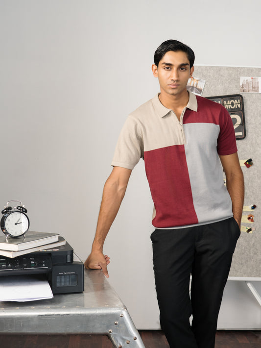 Colourblock Cotton Polo - Burgundy