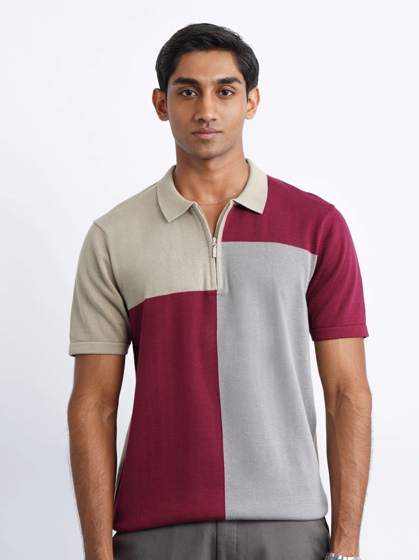 Colourblock Cotton Polo - Burgundy