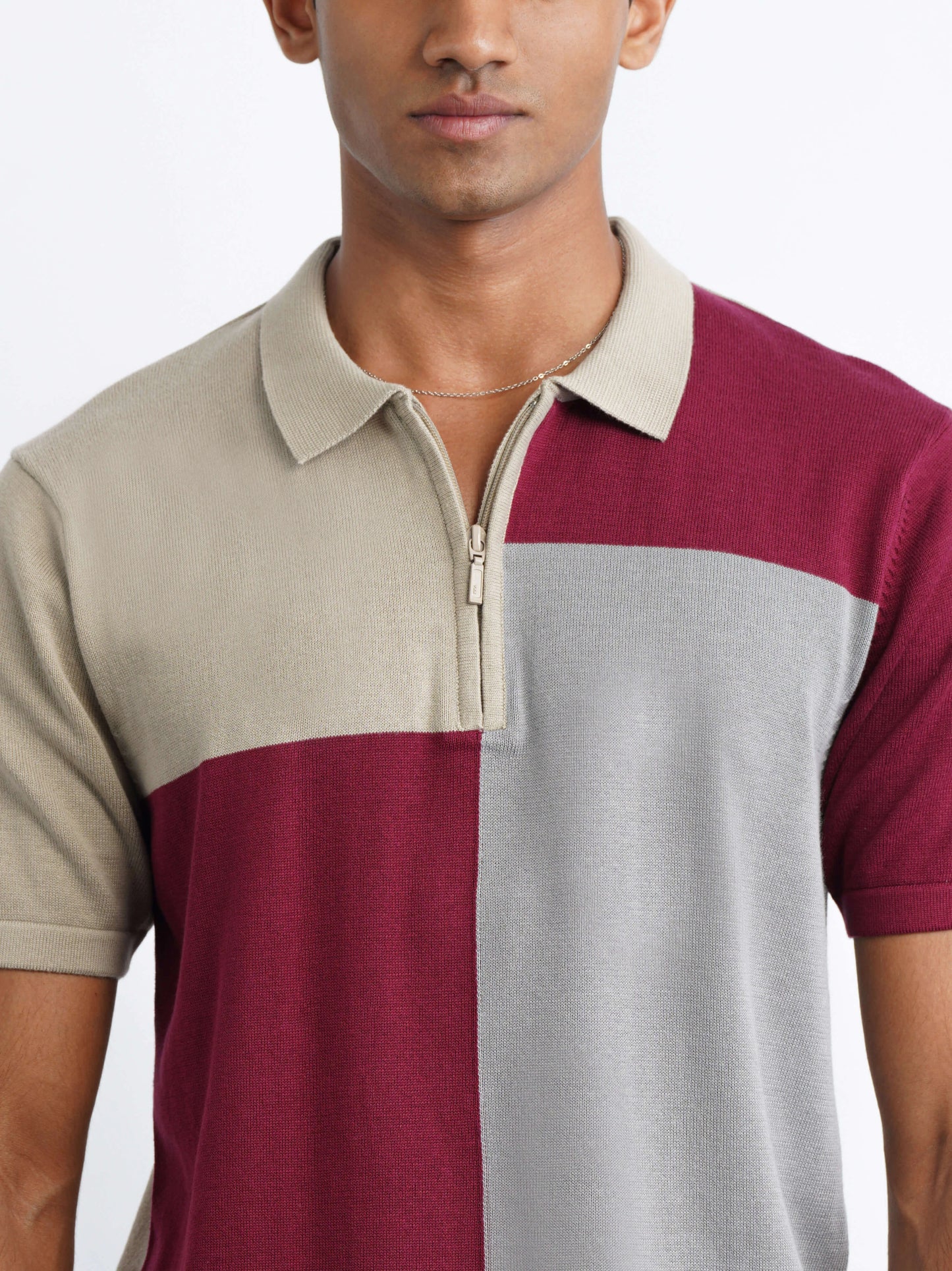 Colourblock Cotton Polo - Burgundy